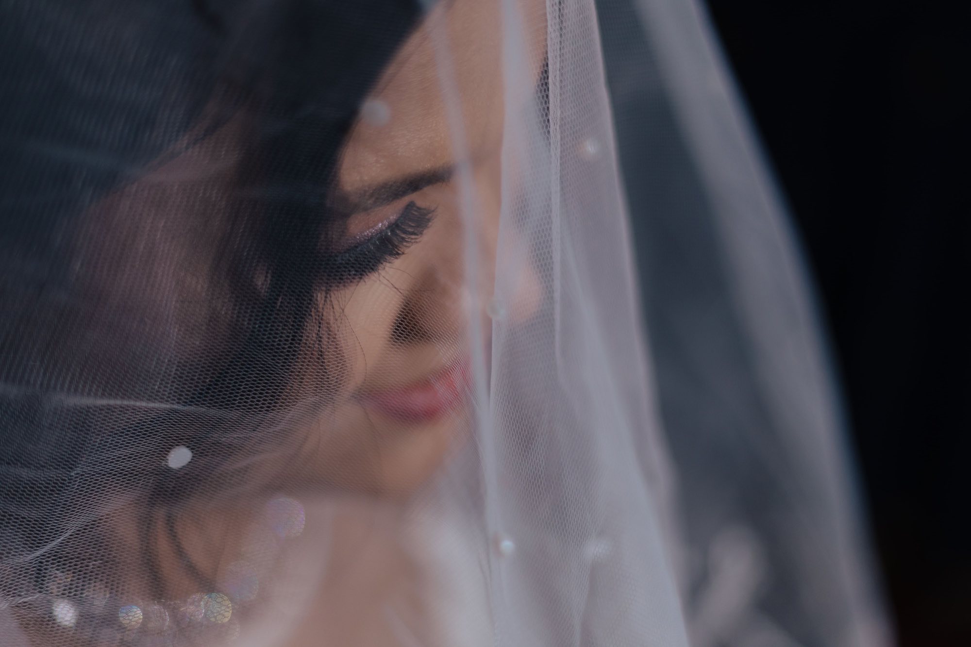 Bride beneath her veil in soft light