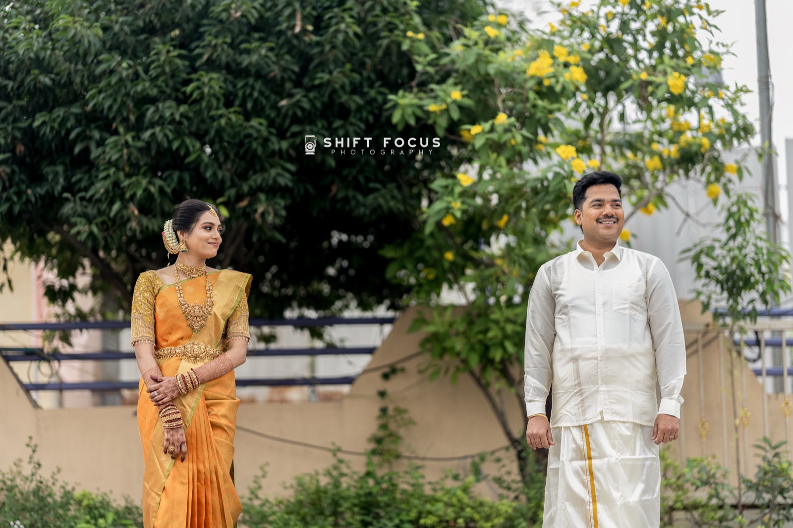Bride and groom in the garden
